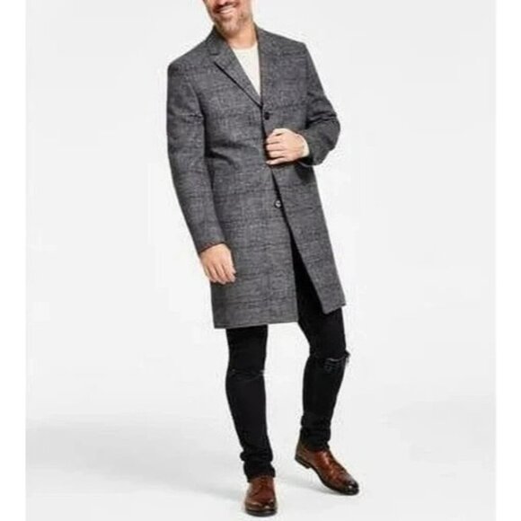 NEW Lands' End Men's Size S Wool Blend Dark Gray Plaid Pea Coat